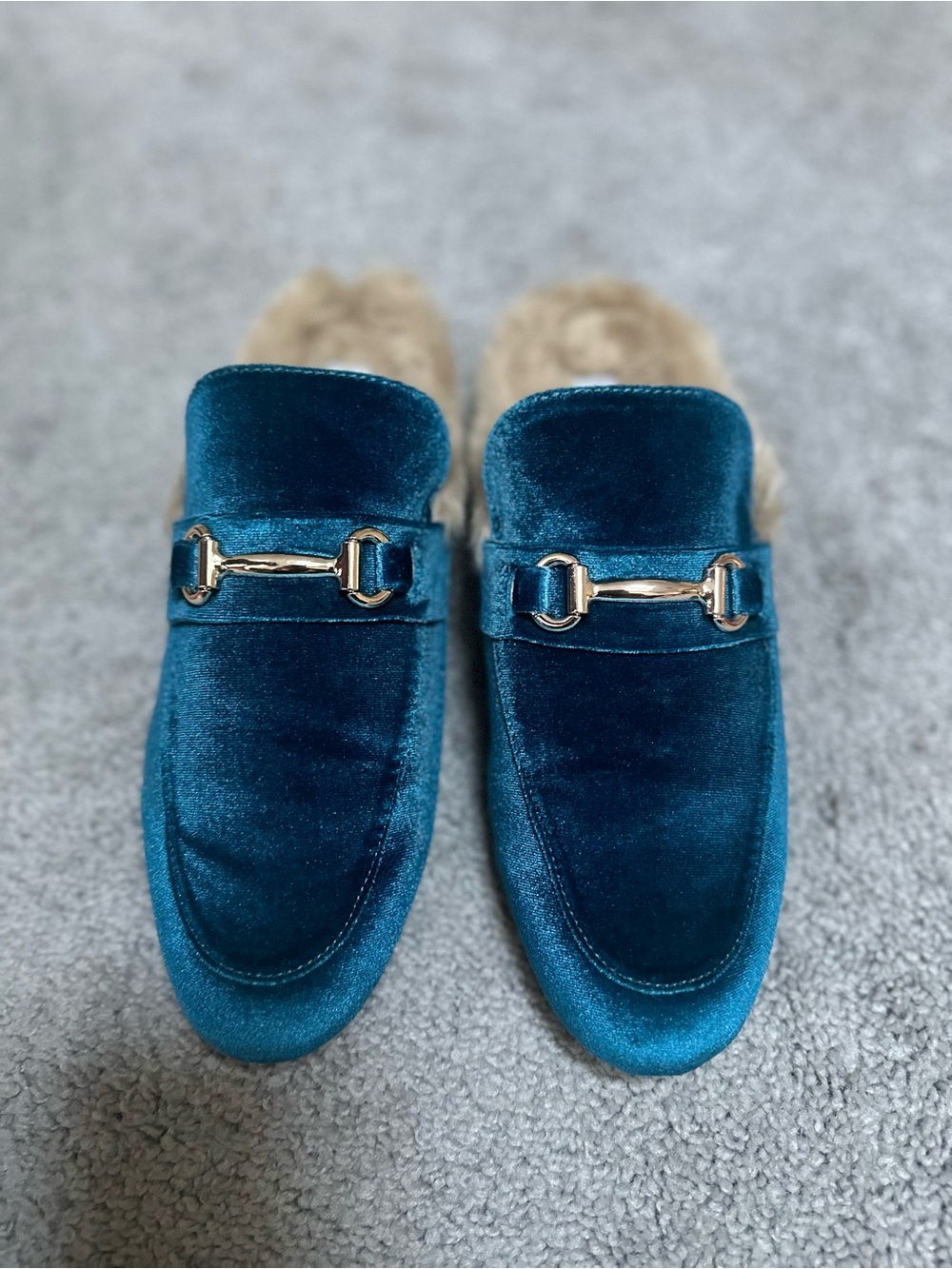 Steve Madden Jill Teal Velvet Slip-On Loafers with Gold Bit Accent